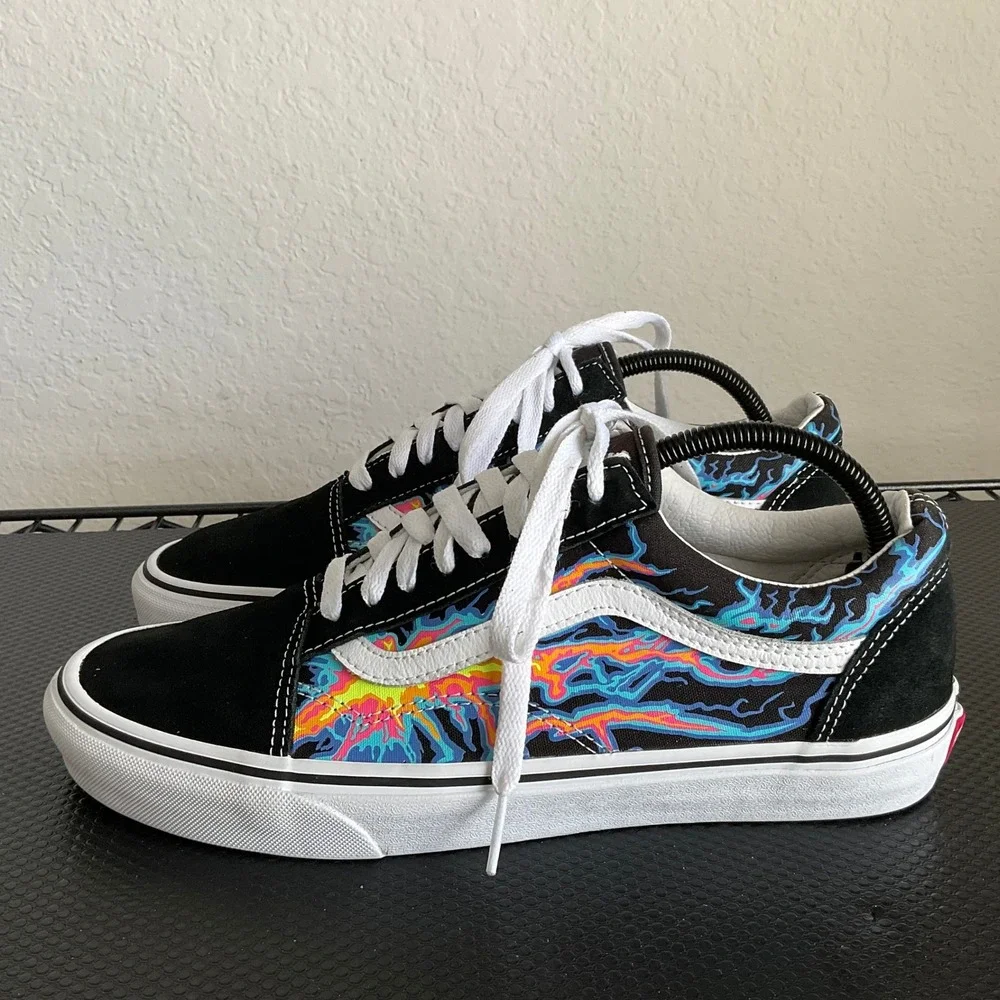 Vans Old Skool Black Multi Color Lightning Flame Skate Shoes Mens 9.5 Womens 11
